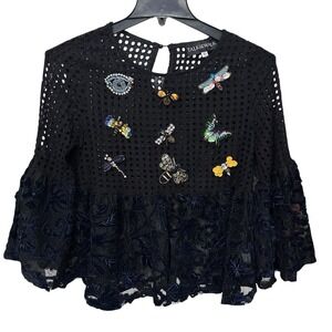 Talk of the Walk Lace Top With Art‎ To Wear Bell Sleeves Black Navy Blue Size XL